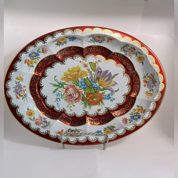 Daher Decorated Ware Accents Vintage Daher Decorated Ware Oval Metal Bowl Flowers Burgundy